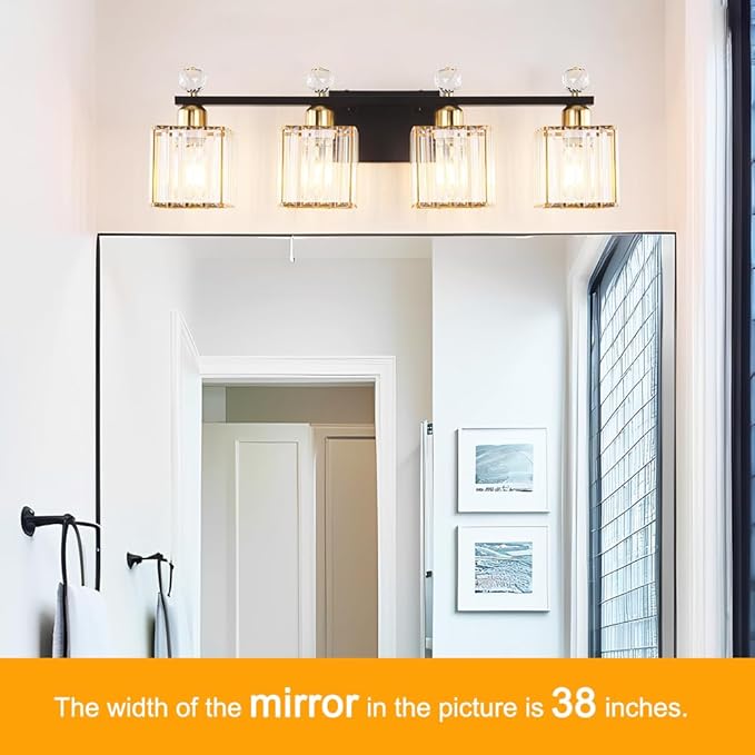 Bathroom Vanity Lights Over Mirror - Easy Installation with Clear Guide, 4-Light Shadow-Free Design, Black and Gold Crystal Finish - for Modern Home Bathroom Lighting Fixtures in DIY Projects