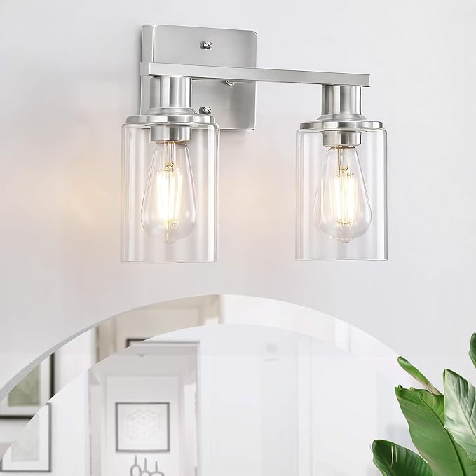 Brushed Nickel Bathroom Light Fixtures Over Mirror,2-Light Bathroom Vanity Light with Clear Glass Shade,Modern Farmhouse Wall Sconces Lighting for Mirror Kitchen Living Room Cabinet
