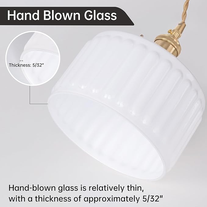 Plug in Pendant Light Hanging Light Fixtures with Plugin Cord On/Off Switch,White Striped Glass Lampshade Brass Pendant Light