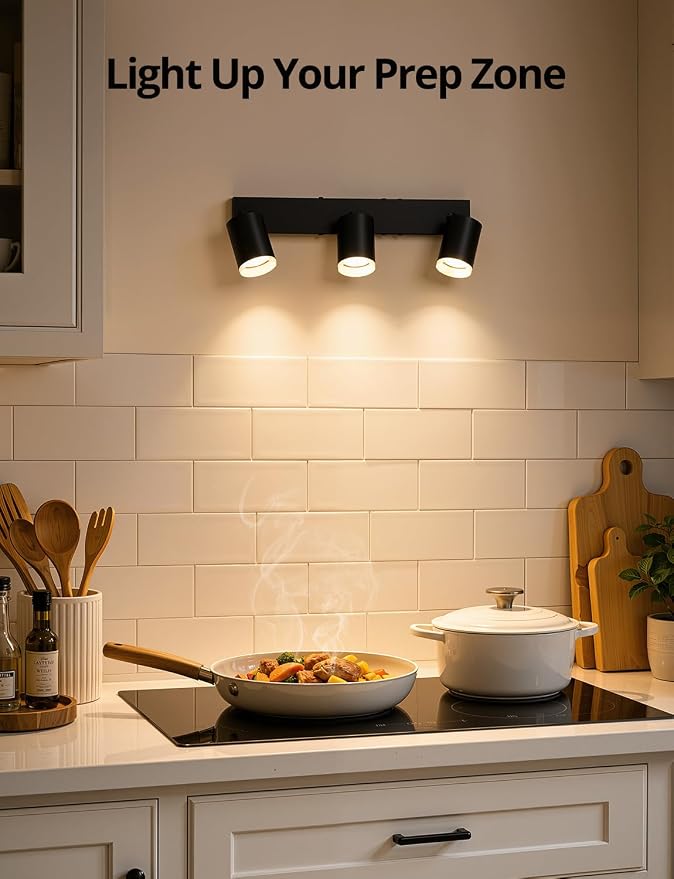 Bojim LED Track Lighting Fixtures Ceiling Mount for Kitchen, 3 Light Modern Black Track Lights with Acrylic Ring, Adjustable Spot Lights for Dinning Living Room Hallway, GU10 Base (Bulb Not Included)