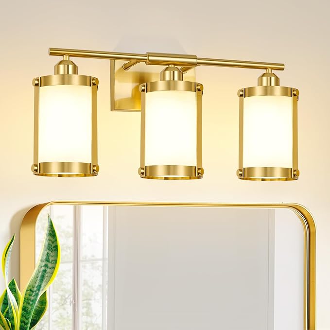 3-Light Brushed Gold Bathroom Light Fixtures with Milk Frosted Glass, 21" Modern Bathroom Vanity Lighting Fixtures Over Mirror with Metal Cage, Wall Sconce Lights for Bath, E26, OS-3014BGW-3W