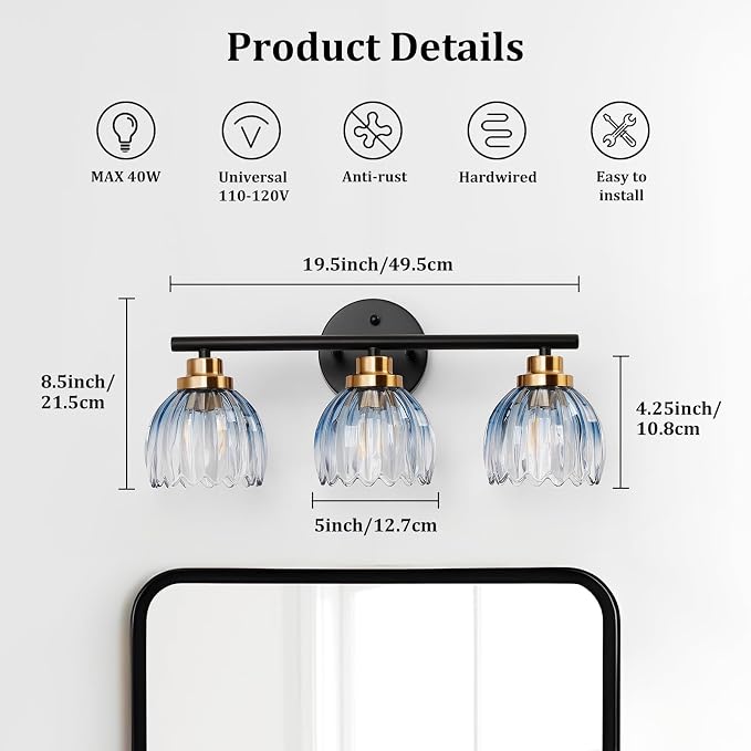 TALOYA Black Gold 3-Light Bathroom Vanity Light with Blue Tulip Glass Shade | Modern Vanity Lighting Fixtures, Bathroom Lights Over Mirror, Wall Mount Mirror Light Fixtures for Bathroom Hallway Bedroom