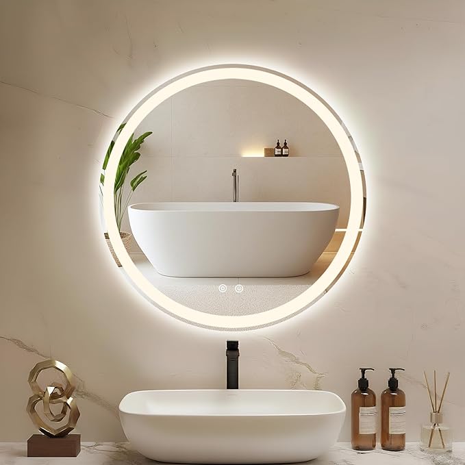 DUMOS 30 Inch Round LED Bathroom Mirror with Lights, Circle Vanity Mirror with Anti-Fog, Dimmable, 3-Color Light, Memory Function, Tempered Glass