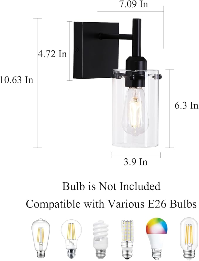 Modern Farmhouse Black Wall Sconce,1-Light Bathroom Wall Mount Vanity Light with Clear Glass Shade,Indoor Metal Wall Lamp for Living Room Bedroom Kitchen Hallway Mirror Decor