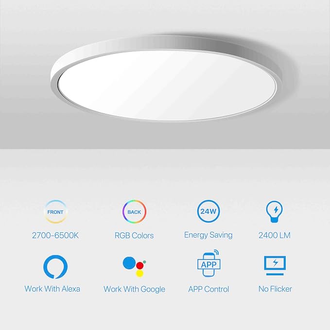 MELEGAN 12 Inch Smart RGB LED Flush Mount Ceiling Light (4 Pcs) | 24W RGB Smart Light, Group Control, Timer, WiFi BT, Flush Mount, Dimmable 2700-6500K, Alexa Google, Hallway Basement Office
