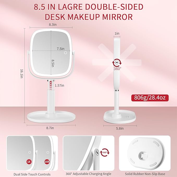Lighted Makeup Mirror, 2600mAh Rechargeable 1x/10x Magnifying Vanity Mirror, 8.5" Height Adjustable Makeup Mirror with Lights 3 Color, 360° Rotation 2-Sided Light up Large Desk Mirror, Gifts for Women