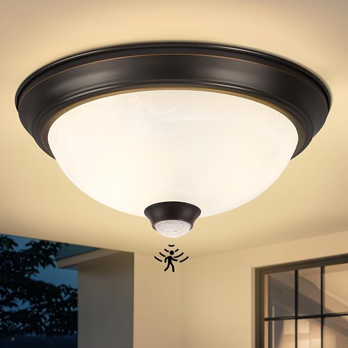 Outdoor Motion Sensor Flush Mount Ceiling Light with 6 Modes and 2 Bulbs | Dusk to Dawn Close to Ceiling Fixture with Remote Control, Suitable for Patio Garage Hallway and Outdoor Porch Lighting