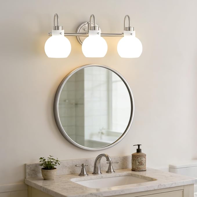 Bathroom Wall Light Fixture Brushed Nickel 3 Light Vanity Light | Wall Sconce with Milk Globe Glass Shade Bath Wall Lamp over Mirror Farmhouse Wall Mount Light for Living Room Bedroom Hallway