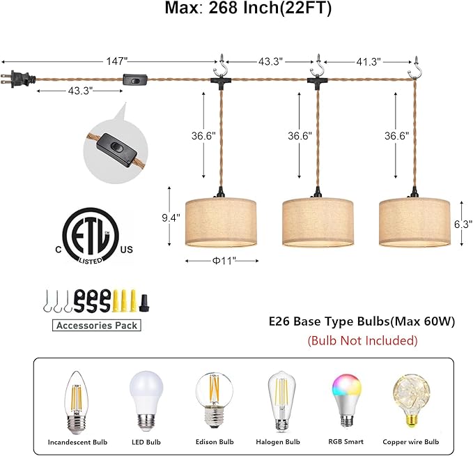 3 Light Plug in Pendant Lights Fabric Hanging Lamp Kit with Switch 22 Ft Long Hemp Rope Farmhouse Pndant Light Cord Lighting Fixture DIY Hanging Light