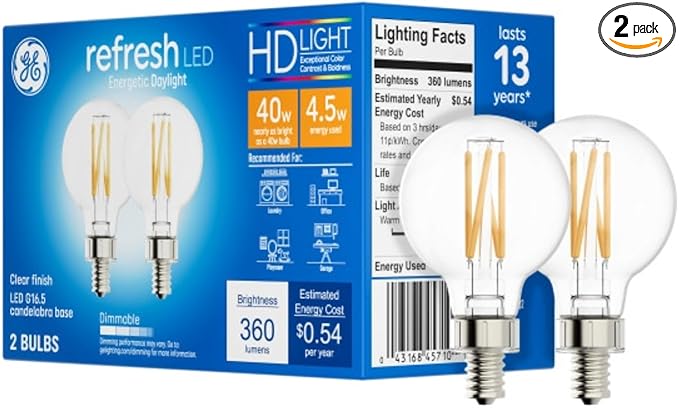 GE Refresh LED Light Bulbs, 40 Watt, Daylight, G16.5 Globe Bulbs, Small Base (2 Pack)