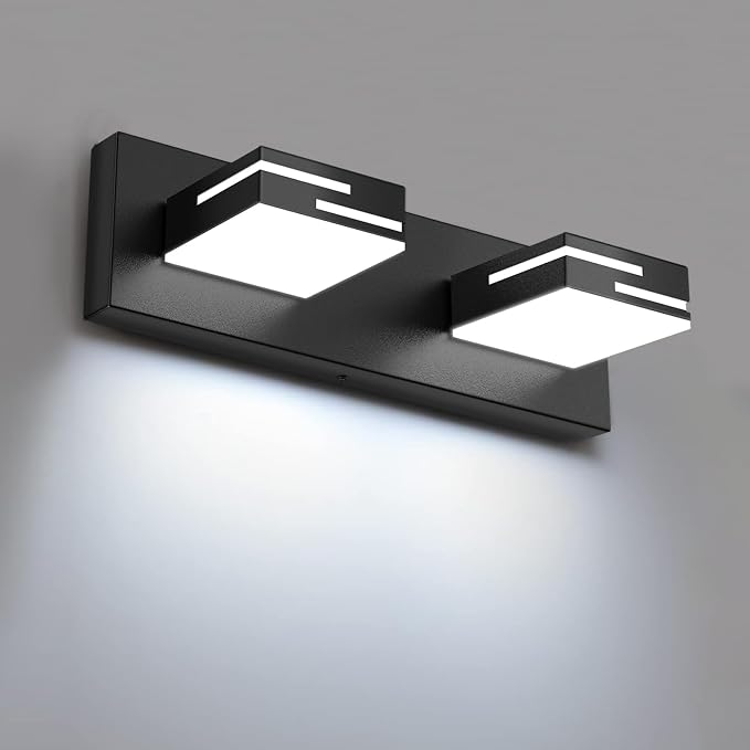 LED Modern Bathroom Vanity Light Fixtures, Dimmable Matte Black Vanity Lights for Bathroom Lighting Fixtures Over Mirror, with 360° Rotatable Acrylic Heads 2-Light 16-inch (Cool White 6000K)