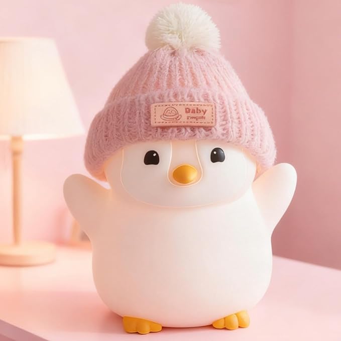 FAMIDUO Penguin Night Light for Kids,Pink Penguin Lamp with Knit Hat | Squishy Silicone,Rechargeable Dimmable Timer LED Bedside Lamp,Cute Animal Nightlight for Nursery,Gift for Boys Girls Toddlers