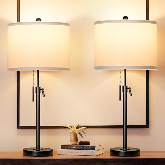 Table Lamps for Bedrooms Set of 2, 22" to 30" Height Adjustable Nightstand Lamps with Linen Shade, Pull Chain Switch Lamps for Living Room, 3 Way Dimmable Bedside Lamp