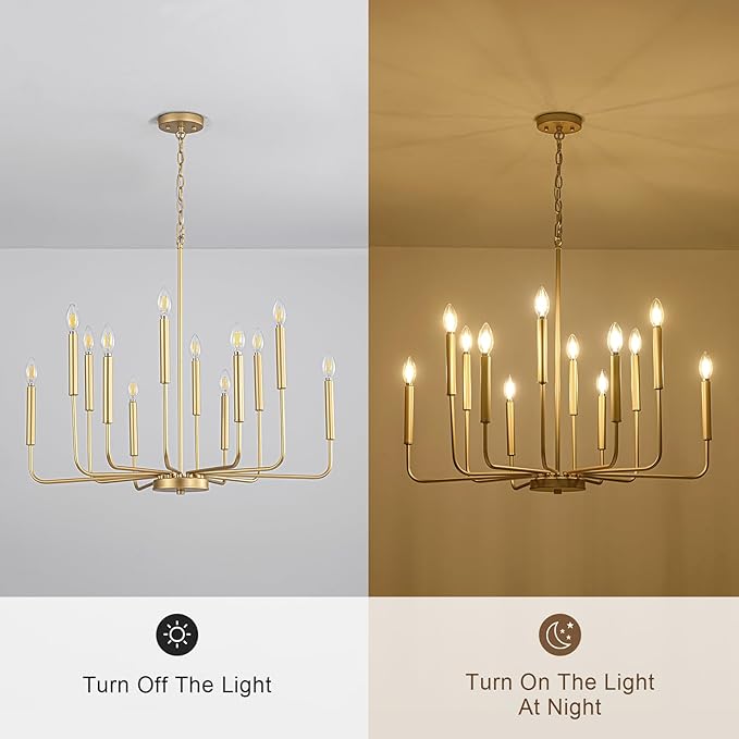 Modern Gold Chandelier for Dining Room,Metal 12-Light Kitchen Light Fixtures, Farmhouse Candle Hanging Pendant Light for Living Room Entryway Foyer Bedroom (Bulbs Not Included)