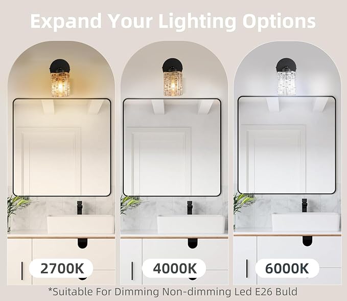 1-Light Modern Matte Black Crystal Wall Sconce, Hardwired Indoor Bathroom Vanity Light Fixture, Crystal Over Mirror Wall Lamp for Living Room, Bedroom, Hallway