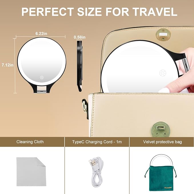 Mocado 1X/20X Magnifying Mirror with Light, Travel Makeup Mirror with Light | Double Sides Travel Mirror with 3 Color Light, Dimmable Touch, 1500mAh Rechargeable, Brightness Adjustable(Black)