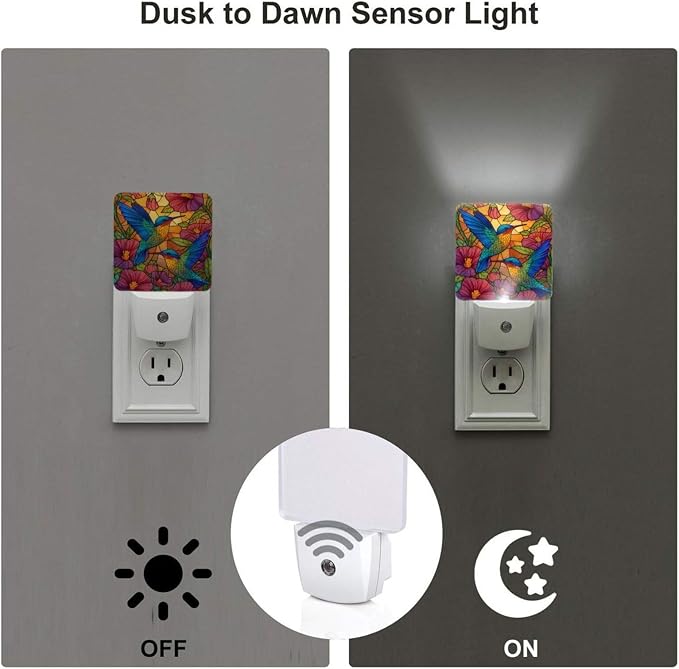 Blue Hummingbirds Night Light Set of 2, Colorful Flowers Auto Sensor LED Dusk-to-Dawn Nightlights, Plug-in Sensor Lamp for Bedroom Bathroom Kitchen Hallway Stairs Decorative