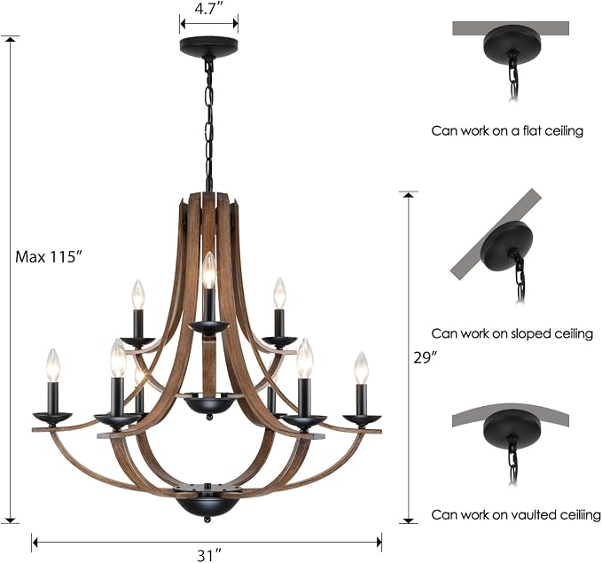 LAMPKEDUO Farmhouse Chandeliers for Dining Room Light Fixture,2 Tier 9-Light 31" Adjustable Height Retro Faux Wood Texture Rustic Light Fixtures for Living Room Bedroom Foyer Entryway