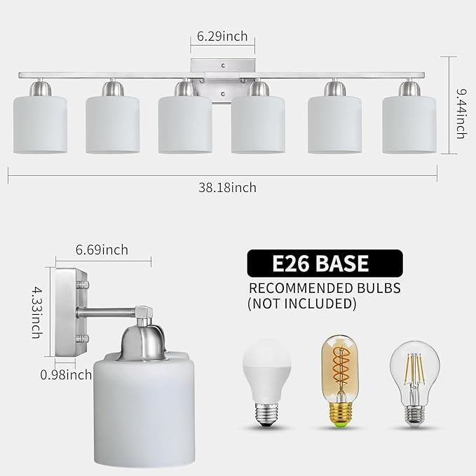 Large Bathroom Vanity Light Fixture, 6 Light Anti-Rust Finish with Milky White Frosted Glass Shades, 38 Inch Bath Light Above Mirror Light Fixture