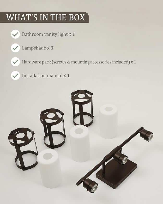 3-Light Oil Rubbed Bronze Bathroom Light Fixtures Over Mirror with Frosted Milk Glass and Metal Cage Shade, 21" UL-Listed Modern Farmhouse Wall Sconce for Bath, Hardwire E26, OS-3014ORBW-3W