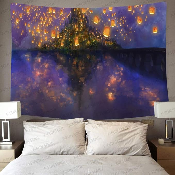 Night Castle Tapestry Cartoon Tapestries, Fuzzy Tapestry, 60x40inches | Lantern Movie Wall Hanging Tapestries, Psychedelic Tapestry, Soft Flannel, Bedroom, Living Room, Office, Decor Banner