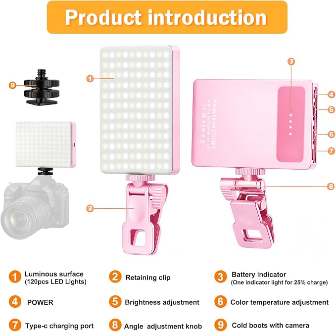 120 LED Selfie Light for iPhone, Portable Phone Light with Clip & Camera Tripod Adapter - 5000mAh Rechargeable, 3 Lighting Modes, CRI 97+ for Video Recording, TikTok, Tripod Mount Rings