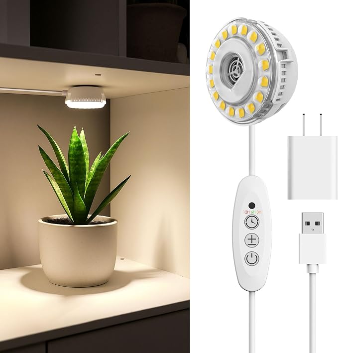7W Small Grow Light for Indoor Plants with Timer and Dimming | Timer supports 3-, 6-, or 12-hour cycles,full-spectrum light for indoor plant use.
