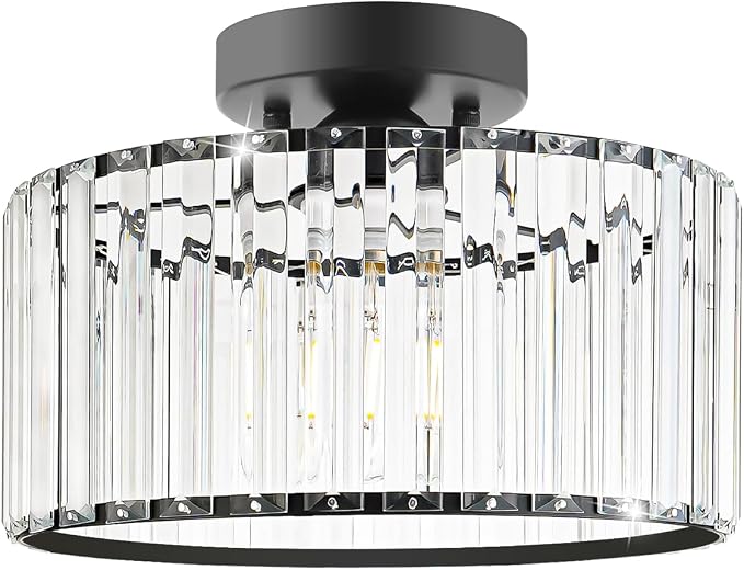 Crystal Ceiling Light Fixture, Modern Semi Flush Mount Ceiling Light, Black Close To Ceiling Light Fixtures, Crystal Chandelier Entryway Light, 11in Chandelier for Bedroom Porch Kitchen Living Room
