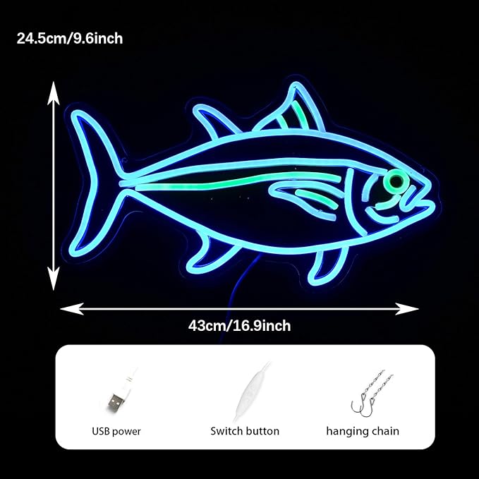 Tuna Neon Sign Blue Green Fish Neon Lights Signs for Wall Decor Dimmable Led Signs for Bedroom Living Room Restaurant Office Birthday Gifts(16.9’’X9.6’’）