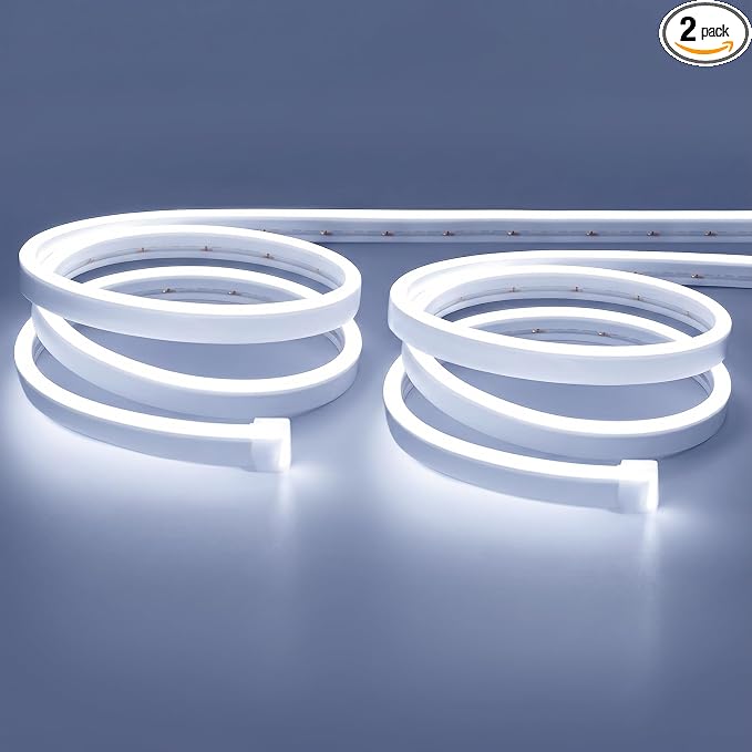 Lamomo White Led Strip Lights 32.8Ft, 2 Roll Neon Rope Strip 0.39In/Cut, 12V Flex Waterproof Silicone DIY Neon Sign for Kitchen Bedroom Commercial Decor, 6mm Width（Power Adapter not Included）