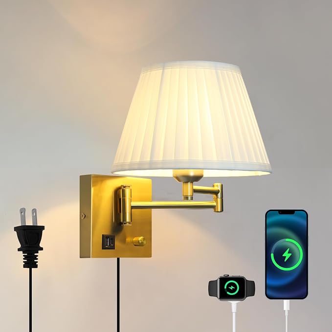 Plug in Wall Lamp for Living Room Bedroom Bedside, Bulb Included | Wall Sconce with USB C+A Charging Ports, Adjustable Swing Arm 270°, Adjustable Color Temperature, White Fabric Cone lampshade
