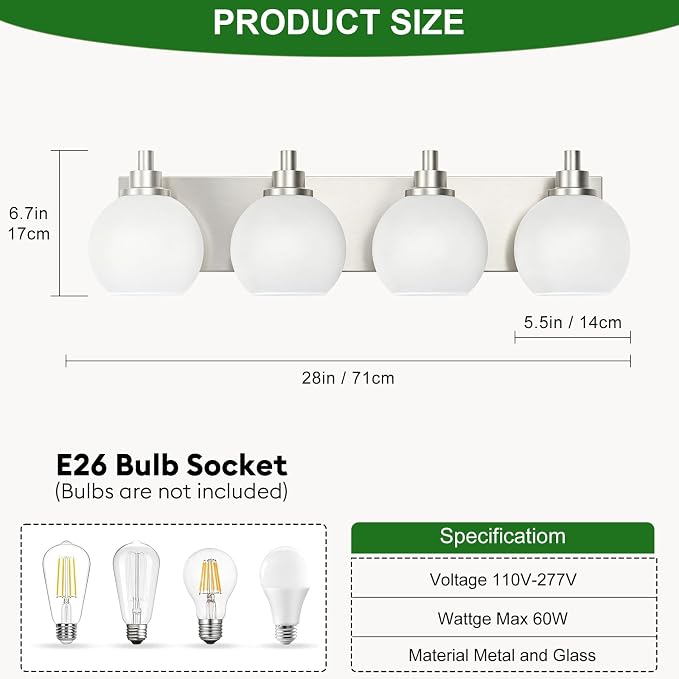 IZORRO Bathroom Light Fixtures, 4-Light Brushed Nickel Vanity Light, Modern Wall Sconces with Globe Milk White Glass Shade, Vanity Lighting Fixtures Over Mirror,E26 Bulb Socket