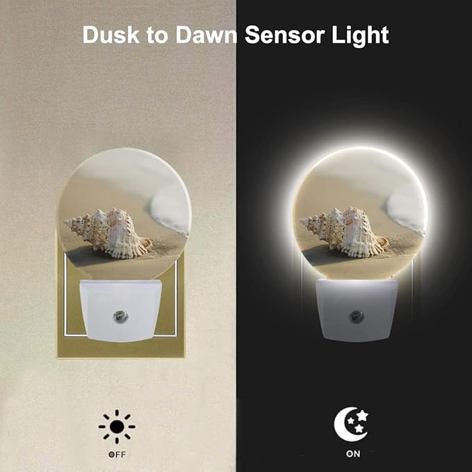EKOBLA Summer Beach LED Night Light Conch Shell on Beach Sea Waves Ocean Plug-in Nightlights Home Auto Sensor LED Dusk to Dawn Light for Bedroom Bathroom Kitchen Corridor