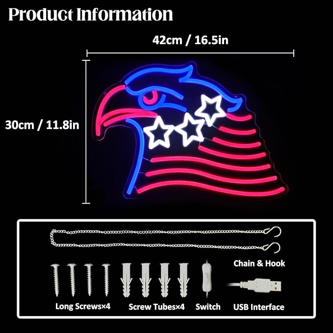 Patriotic Eagle Flag Neon Sign USA Stars and Stripes Light for Wall Decor | Dimmable 4th of July Neon Sign, Acrylic Eagle LED Neon Lights for Bedroom, USB Powered, Memorial Day American Eagle Day Decor