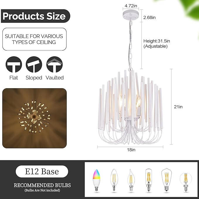 TOCHIC Modern Farmhouse Chandelier for Dining Room 18", Small Vintage White Wood Chandeliers Light for Living Room, Rustic Pendant Lighting Fixture Ceiling Hanging for Foyer Bedroom Entryway