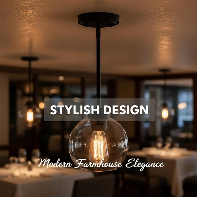 Pendant Light Fixtures,7 Inch Globe Black Pendant Lights Kitchen Island with Clear Glass, Modern Hanging Lights for Kitchen Island, Dining Room, Bedroom, Hallway, Farmhouse,1 Pack