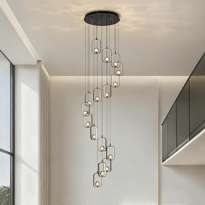 16 Lights Modern Staircase Chandelier Black Entryway High Ceiling Light Modern LED Chandelier16 Lights Black Crystal Light Fixture for Staircase Foyer Entryway Living Room