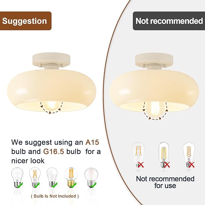 WOKNOS Mid-Century Modern Cream White Semi Flush Ceiling Light 11.0 Inch | Small Glass Shade Close to Ceiling Lighting Fixture Kitchen Entryway Hallway Bathroom Closet Bedroom Laundry Room