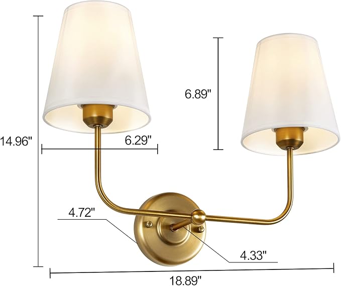 Double Light Wall Sconce with White Fabric Tapered Shades, 2-Light Antique Brass Sconce for Bathroom Vanity Hallway Stairway Living Room