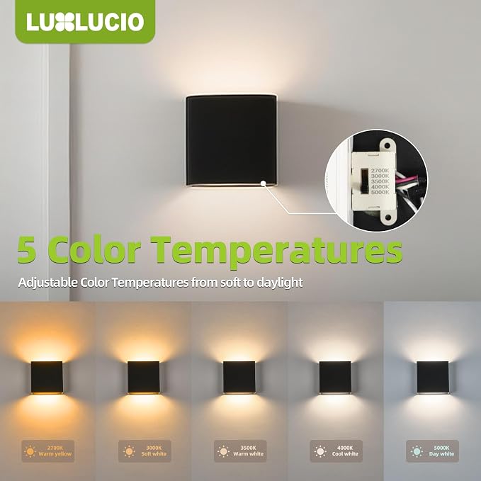 Indoor Outdoor Wall Light, 5%-100% Dimmable, 5 Color Temperature Selectable (2700K-5000K), Modern Wall Sconce for Living Room Porch, IP65 Waterproof, 120V - 277V, CRI90+, ETL FCC Certified