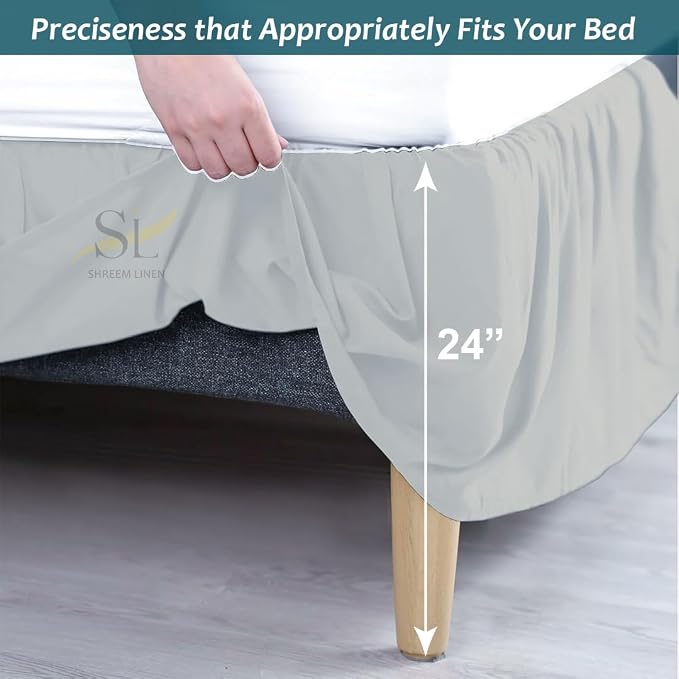 Shreem Linen Ruffled Bed Skirt with Split Corners, Gathered Style, 100% Microfiber, 24-Inch Drop, Dust Ruffle Bedskirt with Platform, Twin, Light Grey