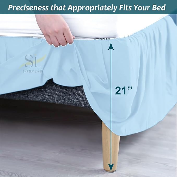 Shreem Linen Ruffled Bed Skirt with Split Corners, Gathered Style, 100% Microfiber, 21-Inch Drop, Dust Ruffle Bedskirt with Platform, King, Light Blue