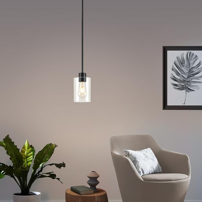Modern Farmhouse Black Pendant Lights, Mini Hanging Light Fixture with Clear Glass Shade, Adjustable Rods for Kitchen Island, Sink, Bar (1 Pack)