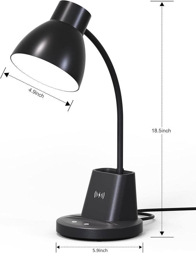 10W Wireless Charging LED Desk Lamp with Pen Holder, CRI 95, Black | 800LM, 3 Modes, 360°Flexible Arm, Touch, Brightness, Table Lamp for Home Office, Dorm, Bedside, Study, Reading, with Adapter