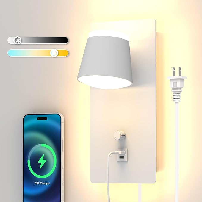 Dimmable LED Wall Sconce with USB&C Ports-5 Color Temperature (2700K-6000K) Plug-in Bedside Reading Light,Up&Down Wall Mounted Lamp for Bedroom,Living Room,Hallway-Modern Home Decor (1 Pack)