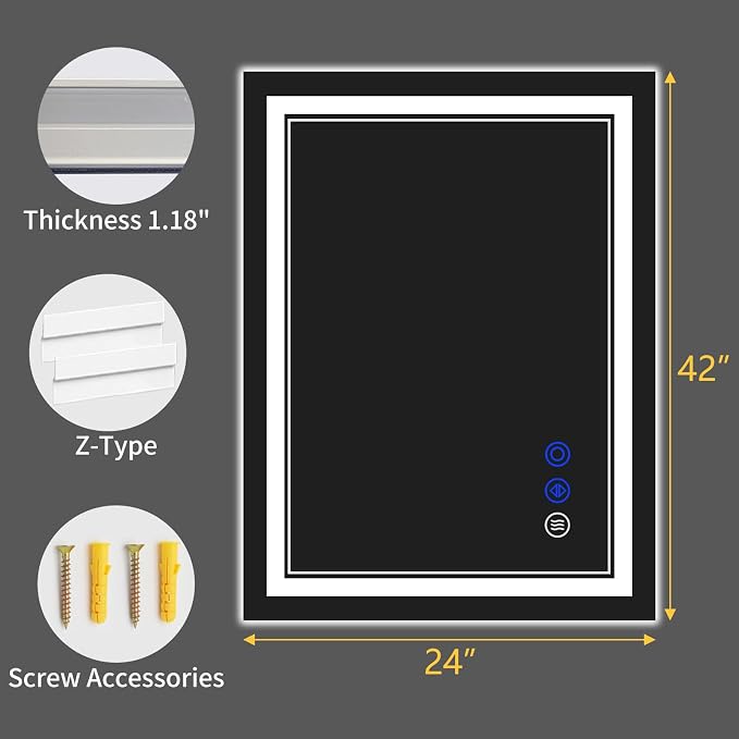 42"x24" LED Bathroom Mirror with Lights,Anti-Fog,3 Color Modes