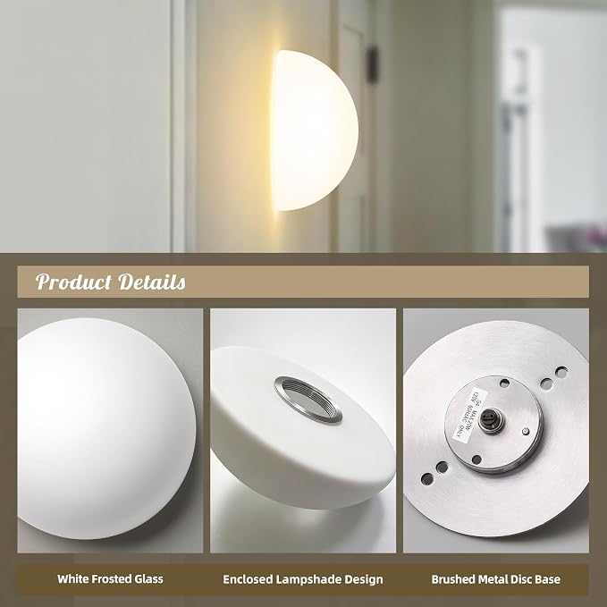 Modern Globe Glass Wall Sconces Set of 2: Small 7 In Art Deco Light Fixture | Mid Century Indoor Set of Two Round Lights, For Bedroom Bathroom Vanity Mirror Hallway Bedside Mount Half Moon Lamps 3000k