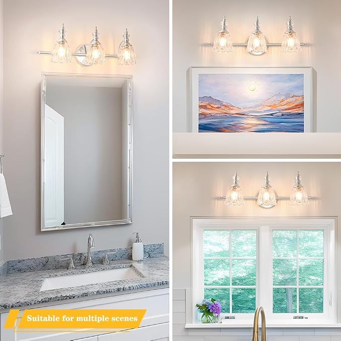 Brushed Nickel Vanity Light, Antique Bathroom Vanity Light Over Mirror, 3 Light Lighting Fixture with Flower Glass Shade, Farmhouse Sconces Wall Lighting for Hallway Living Room Bedroom