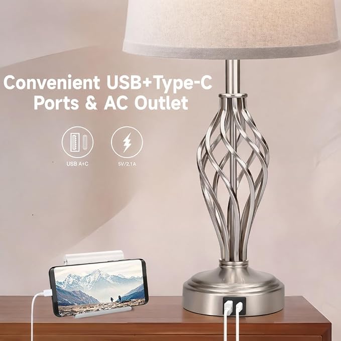 Ruiever Touch Table Lamps Set of 2, nightstand lamp with USB Ports Bedside 3 Way Touch dimmer Desk lamp for Living Room Bedroom,Nickel Plated Spiral cage Base Design Warm White dimmer Bulbs Included.