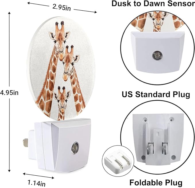 Plug-in Watercolor Giraffe Family Portrait Night Light Cute Animal Nightlight with Dusk to Dawn Sensor, Auto On/Off 0.5W Energy-Saving LED Lighting for Men Women Boys Girls Gift
